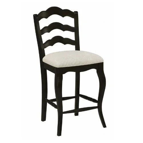 Black ladderback bar stool with cream upholstered seat, French country style