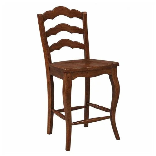 Rustic wooden bar stool with scalloped back, perfect for French country or farmhouse decor