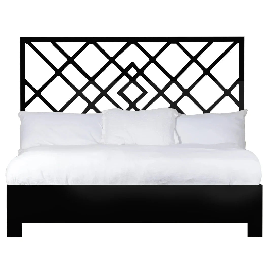 Black geometric lattice headboard bed with white bedding, modern farmhouse style