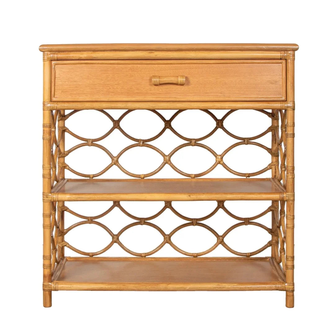 Rattan side table with drawer and open shelves, coastal boho style