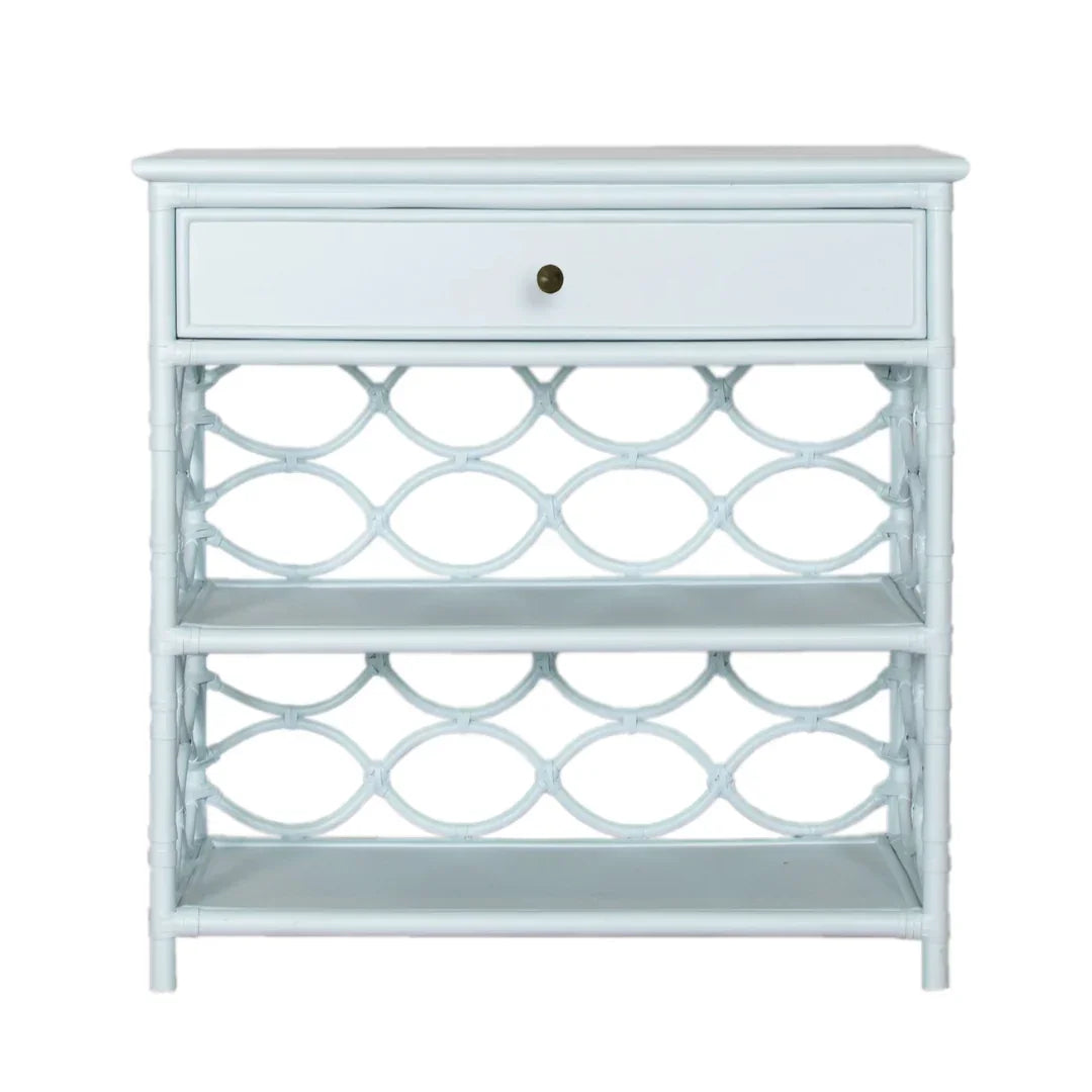 Light blue rattan side table with drawer and open shelves, coastal farmhouse style