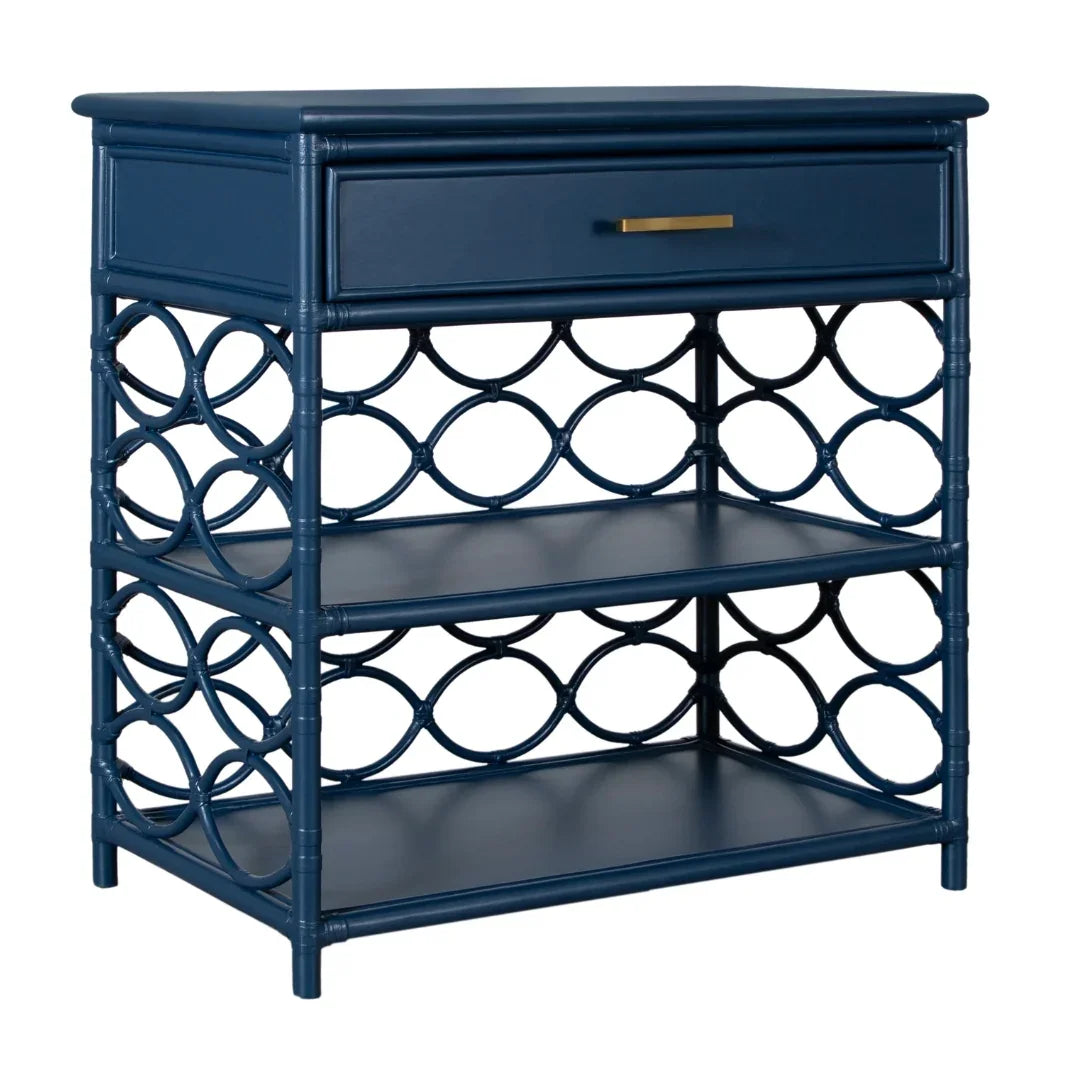 Navy blue rattan console table with gold handle and open shelving for coastal or farmhouse decor