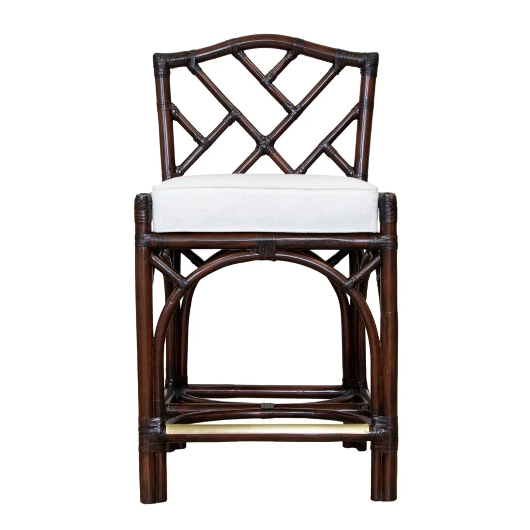 Dark rattan bar stool with white cushion, natural boho style seating