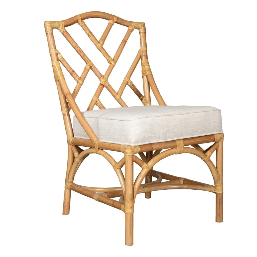 Rattan chair with white cushion, natural boho style furniture