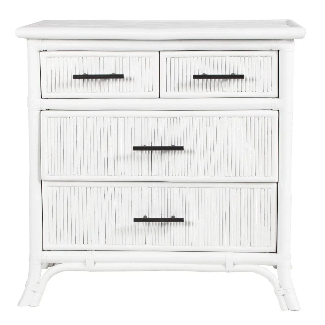 White rattan dresser with black handles, coastal farmhouse style