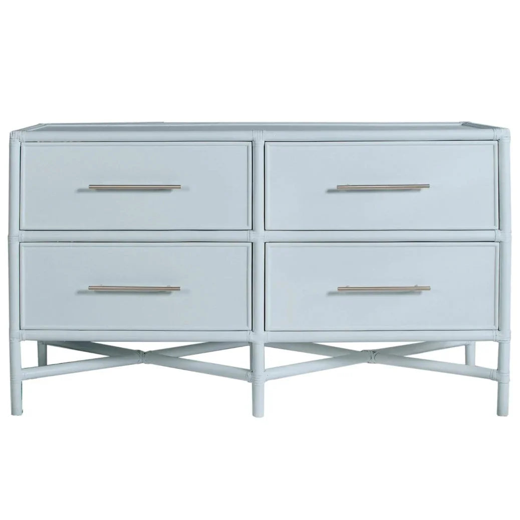 Light blue rattan dresser with four drawers and metal handles, coastal farmhouse style