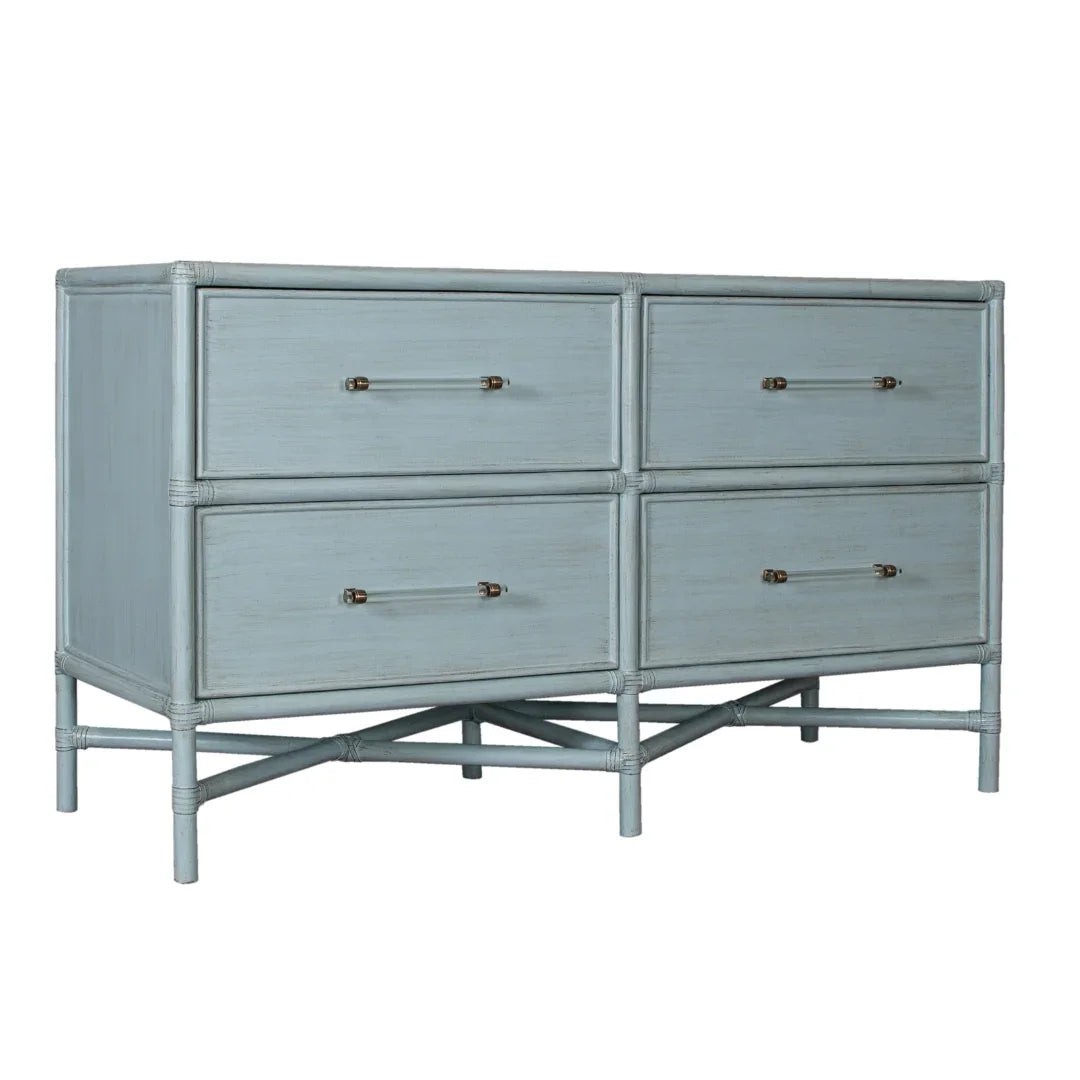 Light blue coastal style 4-drawer dresser with acrylic handles and X-base design.