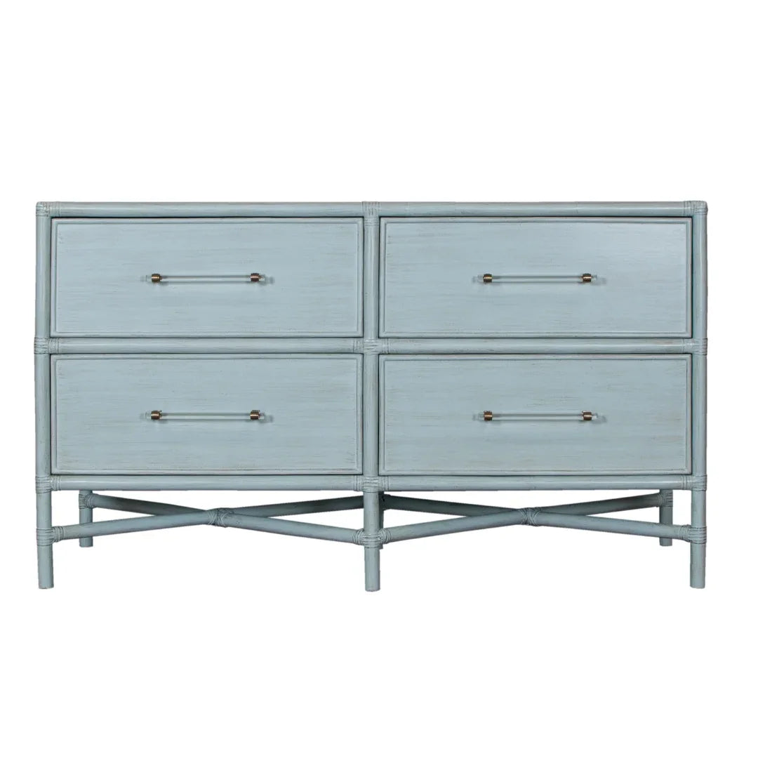 Light blue rattan dresser with four drawers and brass handles, coastal farmhouse style