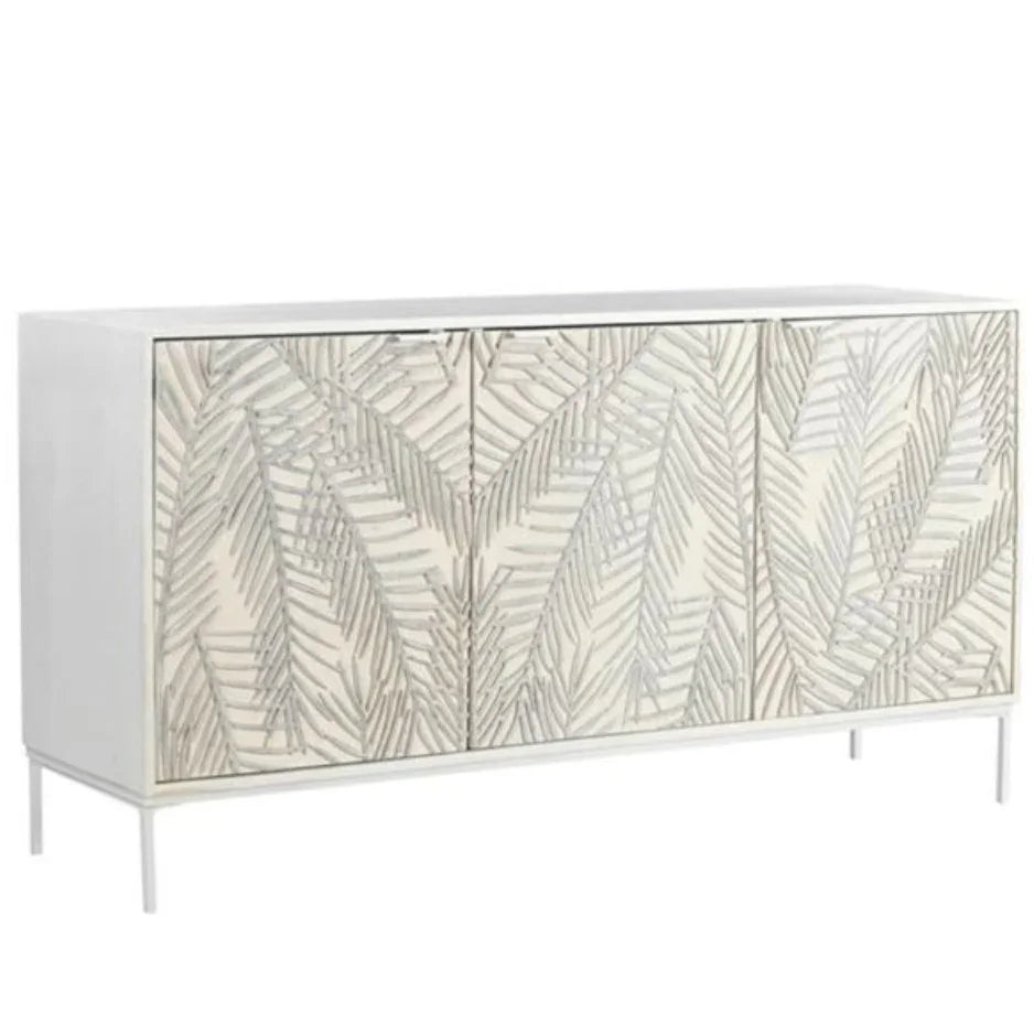 Coastal White Palms Carved Sideboard