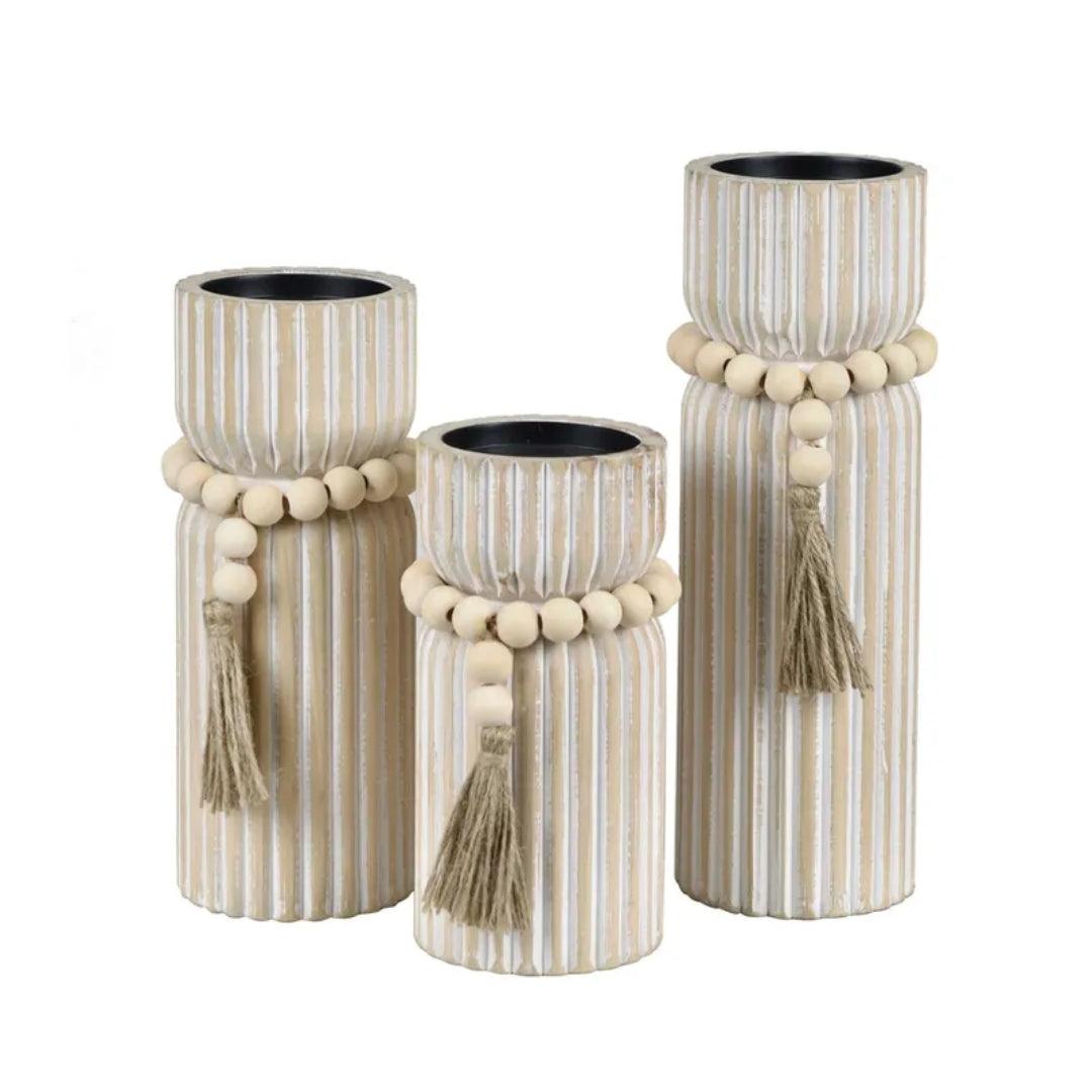 Natural Boho Wooden Candle Holders - Set of 3