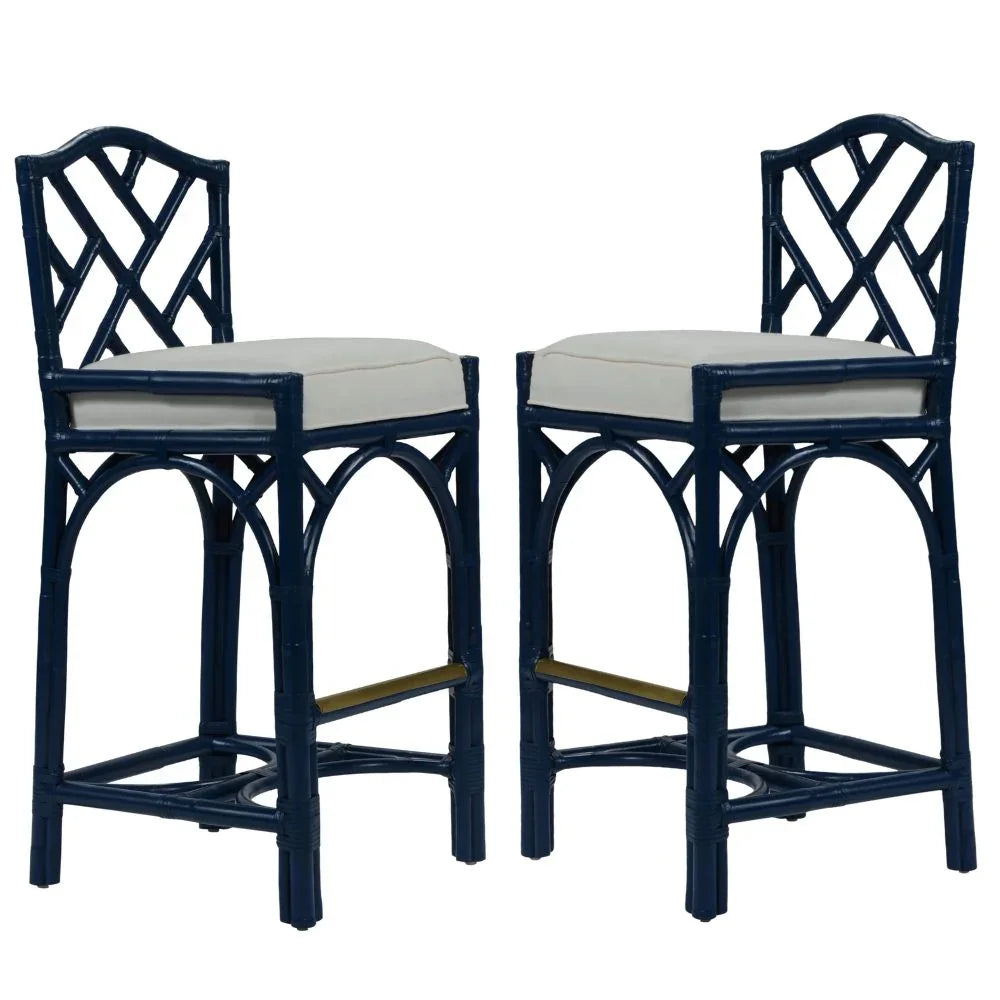 Navy blue rattan bar stools with cream cushions, coastal farmhouse style seating