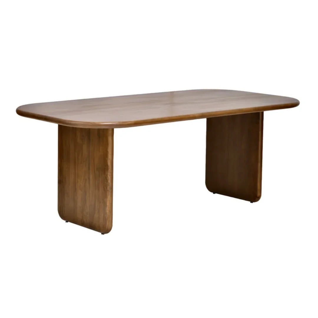 Modern wooden dining table with sleek, minimalist design and rounded edges