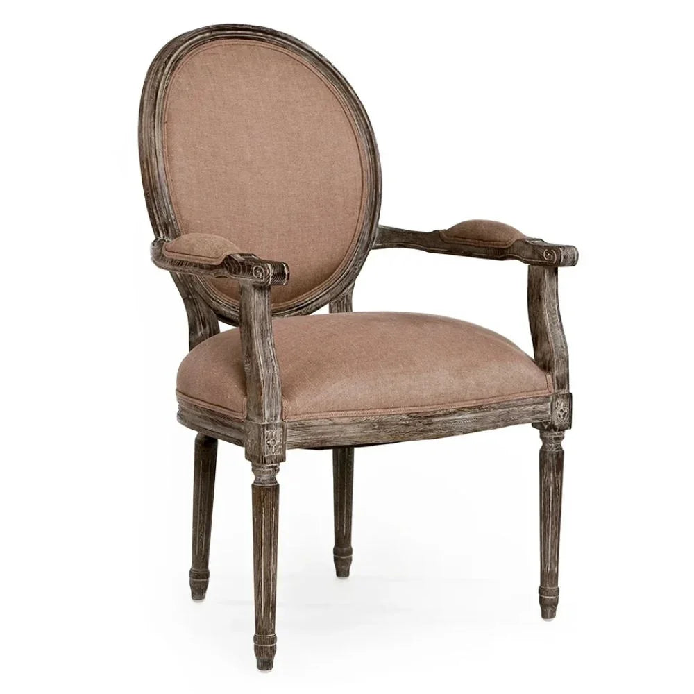 Elegant French country armchair with distressed wood and beige upholstery