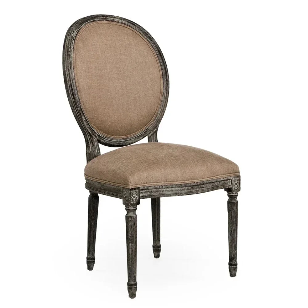 Elegant French country dining chair with distressed dark wood frame and beige upholstered seat