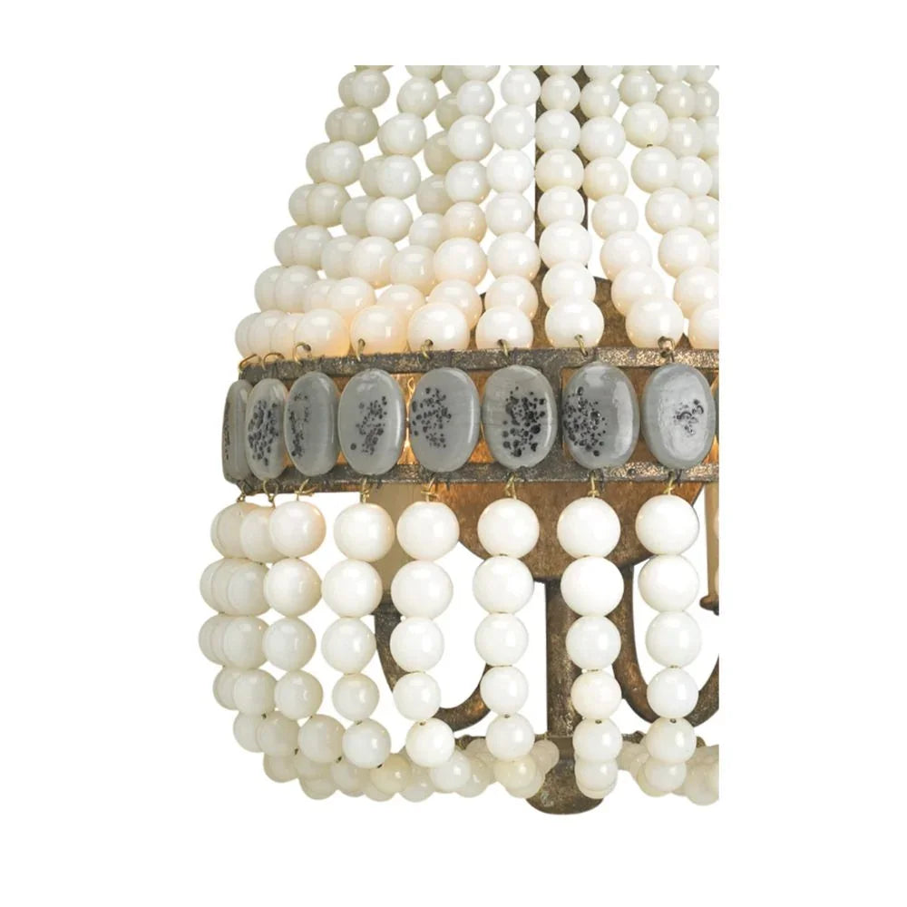 Elegant beaded chandelier with white pearls and gray agate accents, perfect for shabby chic or farmhouse decor