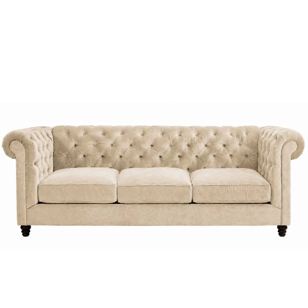 Cream tufted Chesterfield sofa with rolled arms, farmhouse style living room furniture