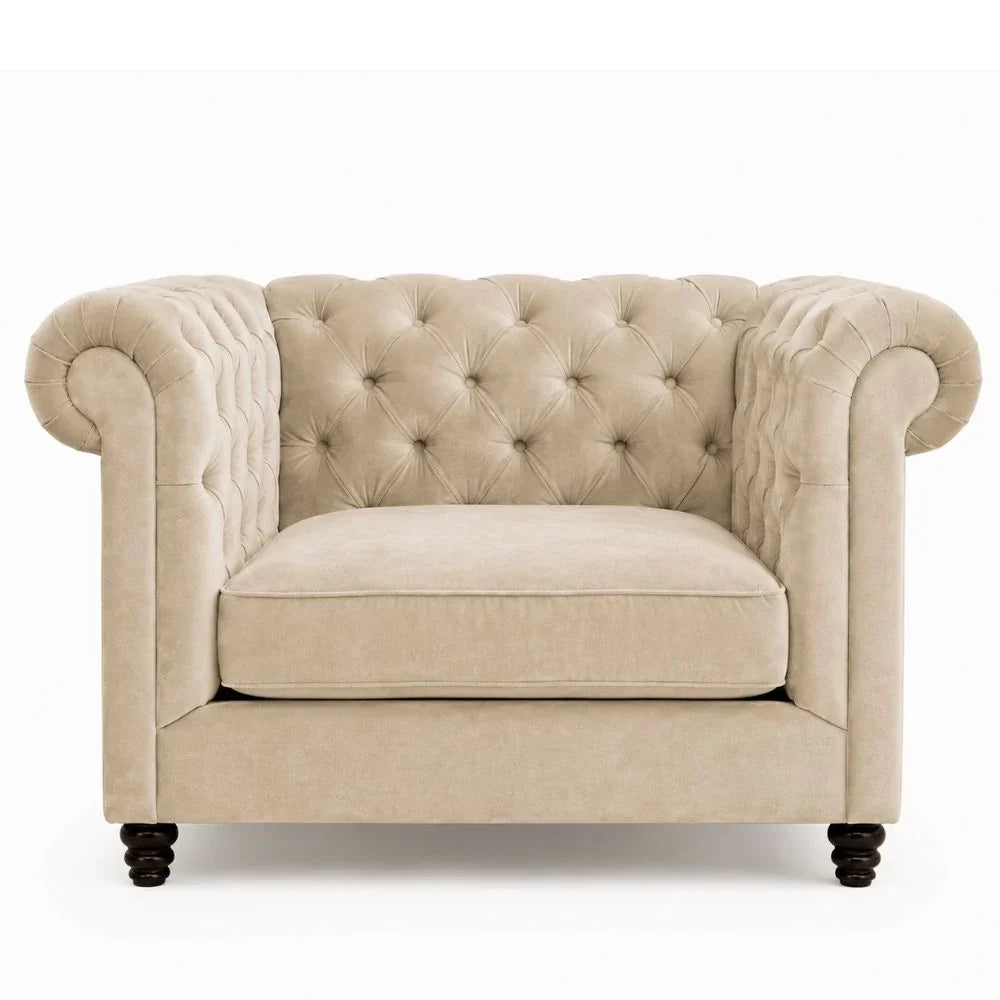 Beige tufted Chesterfield armchair with rolled arms and dark wood legs, French country style