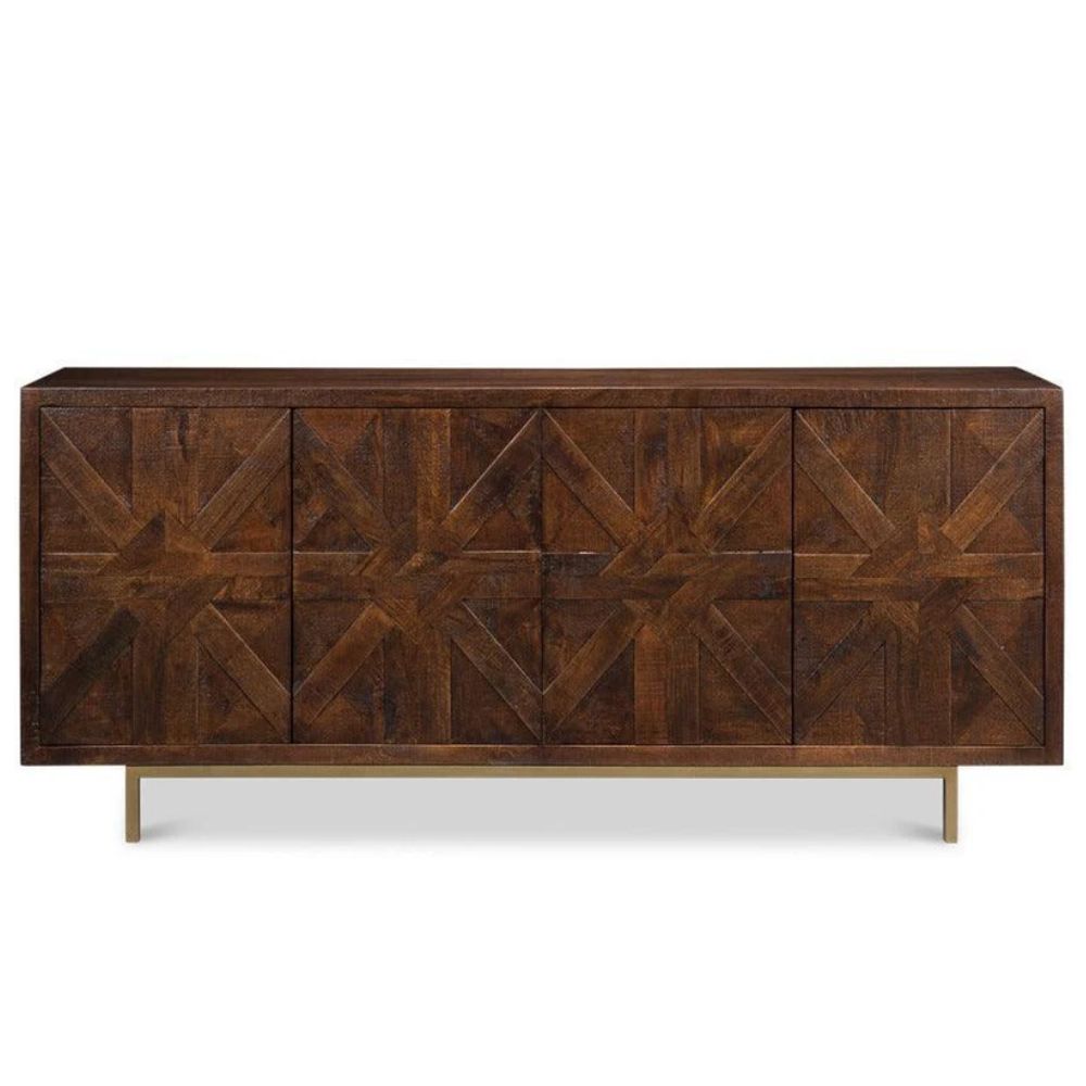 Rustic wood sideboard with geometric pattern and brass legs, farmhouse style furniture