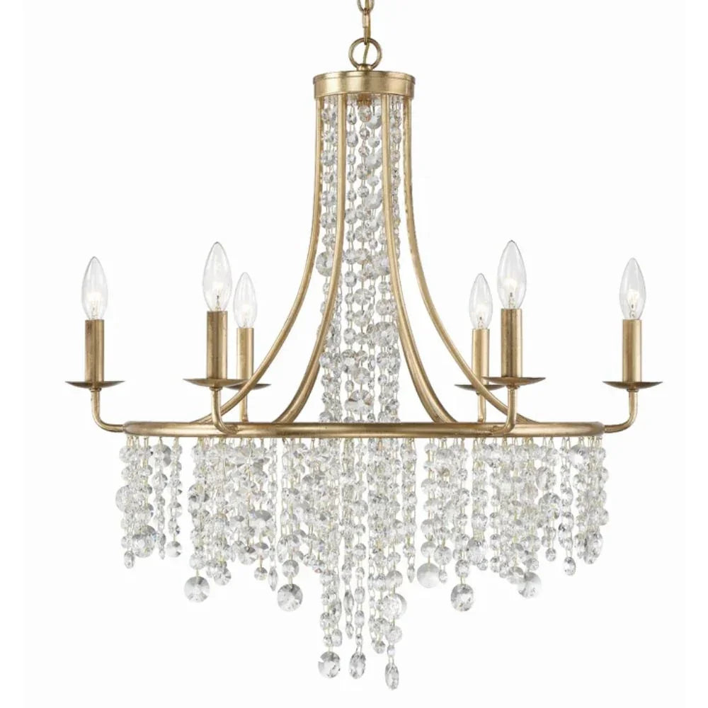 Elegant gold chandelier with cascading crystal beads, perfect for French country or shabby chic decor.