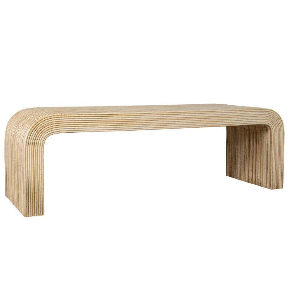 Modern curved wooden bench with layered design, natural finish