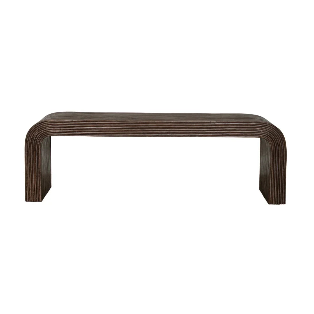 Modern curved wooden bench with ribbed texture, ideal for farmhouse or coastal decor