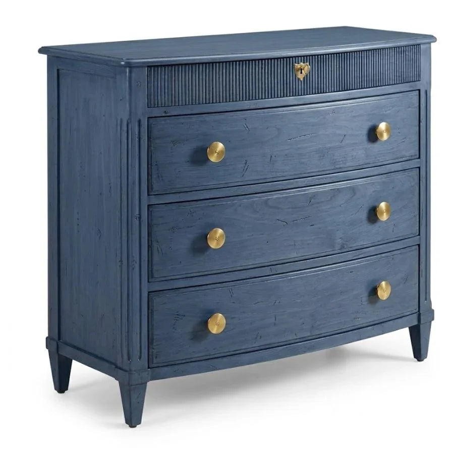 Navy blue farmhouse dresser with gold knobs, coastal style, custom furniture