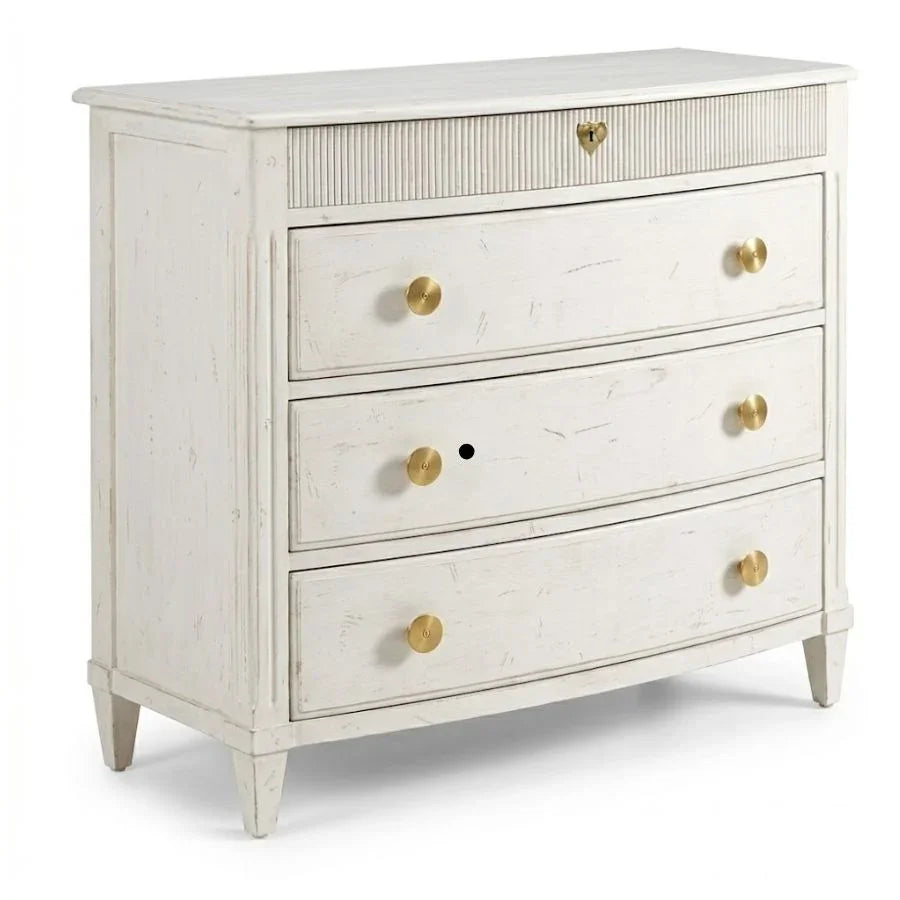 White distressed dresser with gold knobs, French country style chest of drawers