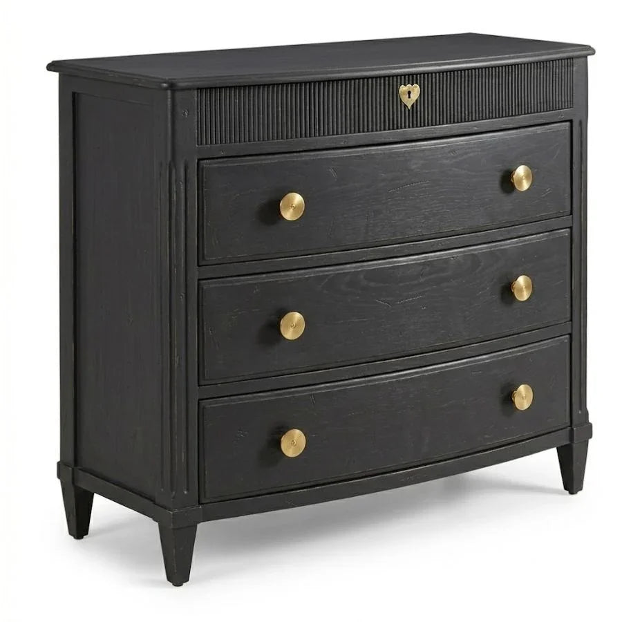 Black farmhouse dresser with gold knobs and heart-shaped lock, ideal for French country decor