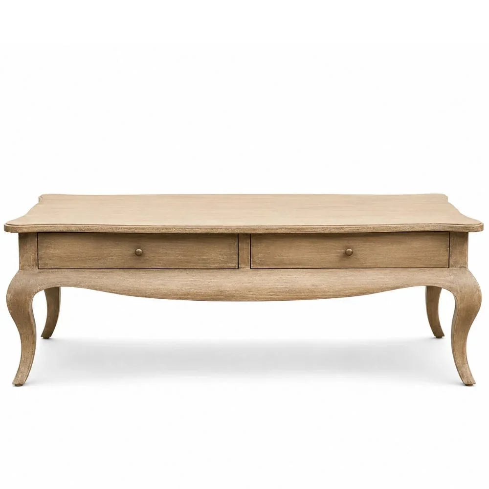 Rustic French country coffee table with curved legs and dual drawers