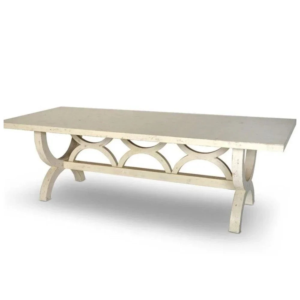 Elegant white coffee table with arched lattice base, perfect for French country or shabby chic decor