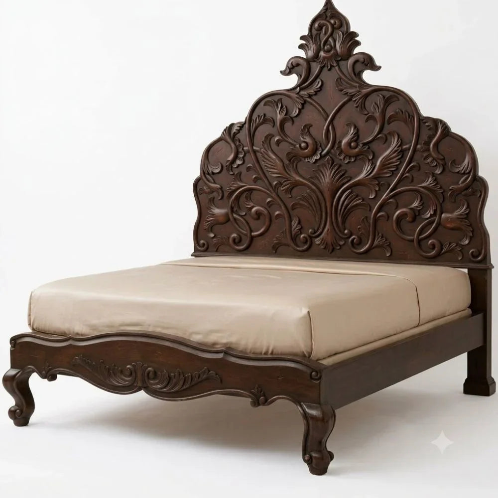 Ornate dark wood bed frame with intricate carvings, French country style, elegant headboard and footboard