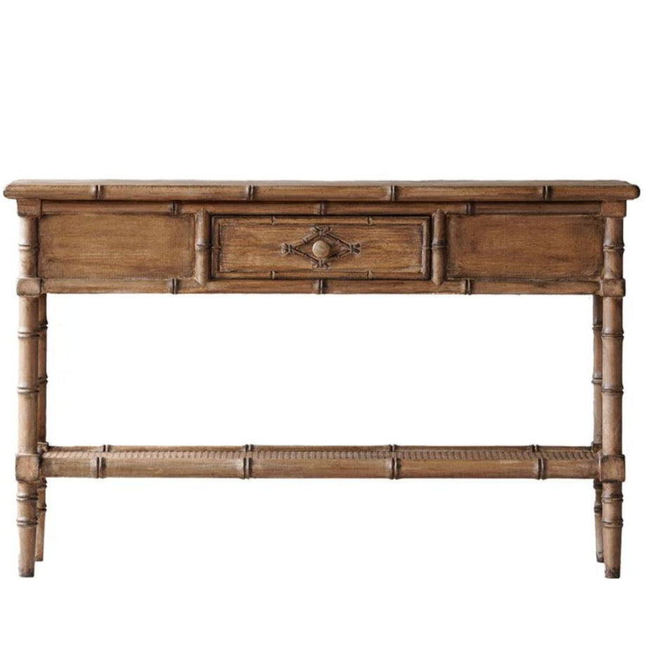 Distressed Natural Finish Faux Bamboo Console Table