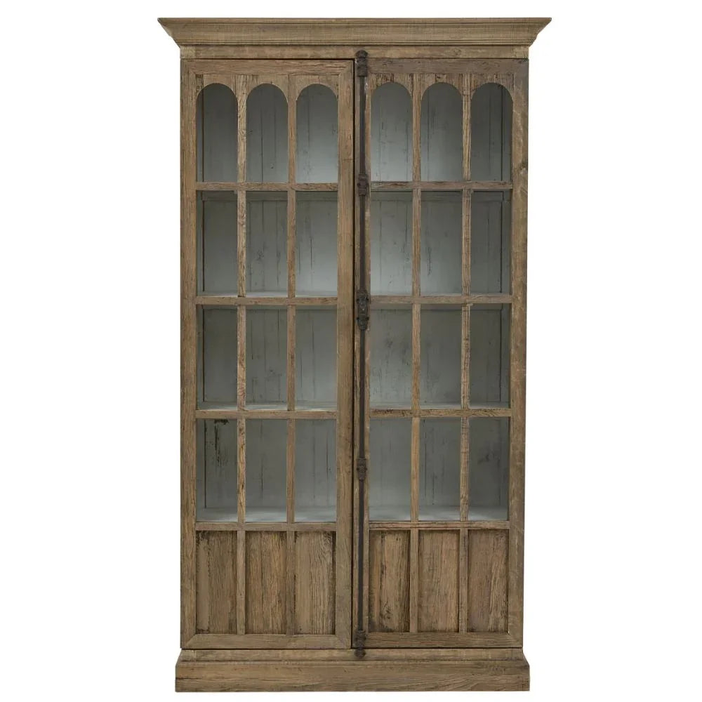 Rustic wooden bookcase with glass-paneled doors in farmhouse style