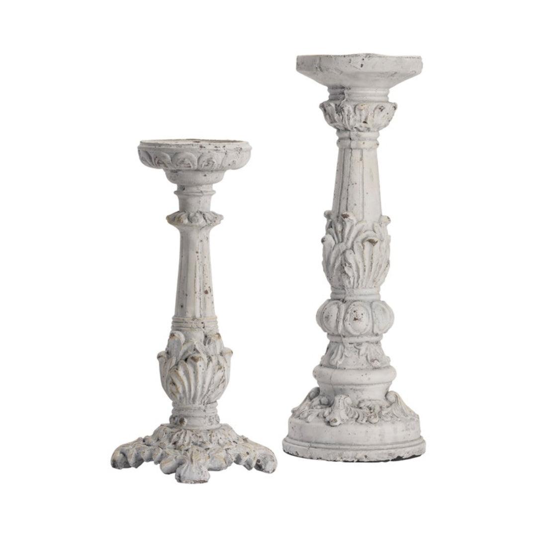 Distressed White Ornate Candle Holders - Set of Two