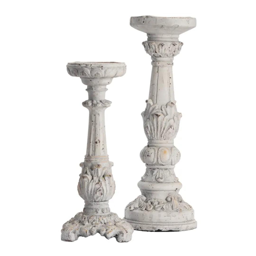 Distressed White Ornate Candle Holders - Set of Two