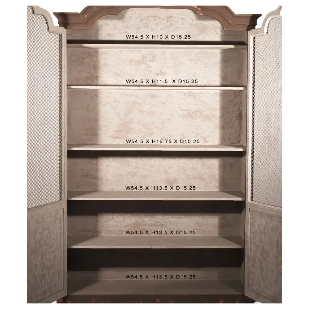 French country armoire with mesh doors, adjustable shelves, and rustic finish for shabby chic or farmhouse decor