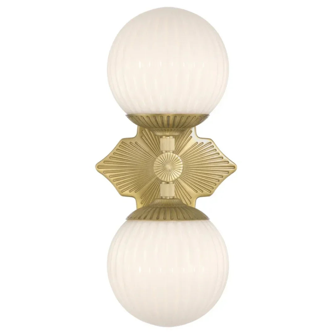 Gold Art Deco wall sconce with ribbed glass globes, vintage-inspired lighting for French country or farmhouse decor