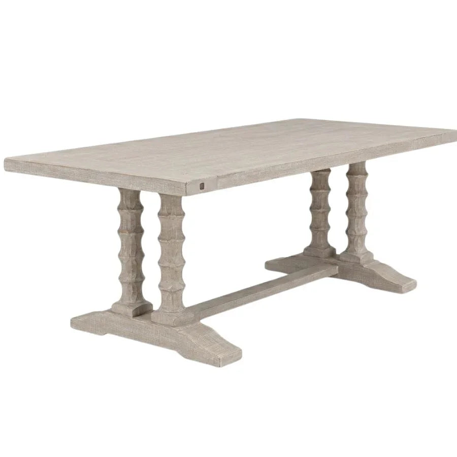 Rustic farmhouse dining table with turned legs, shabby chic style, natural wood finish