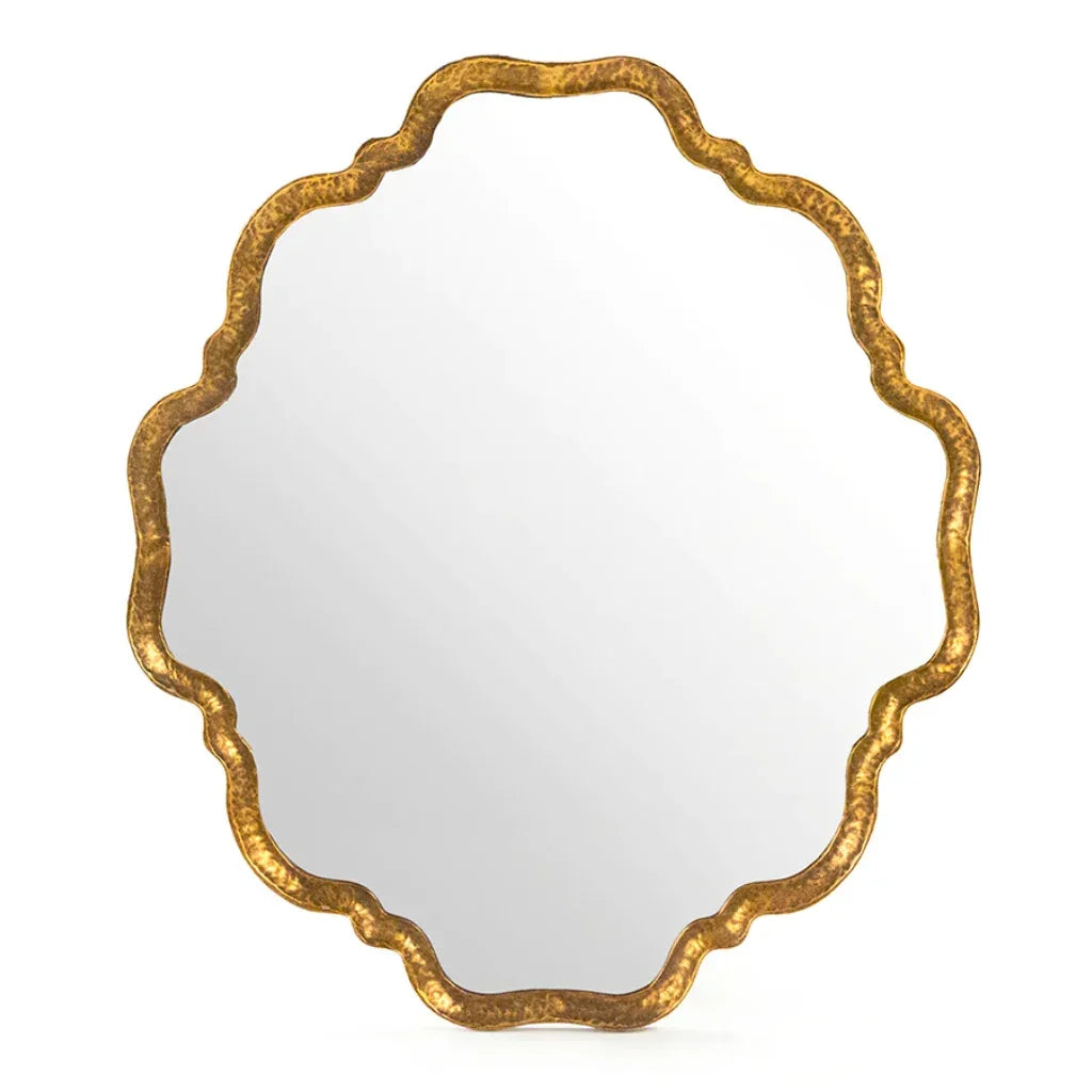 Gold scalloped wall mirror with textured frame, perfect for French country or shabby chic decor