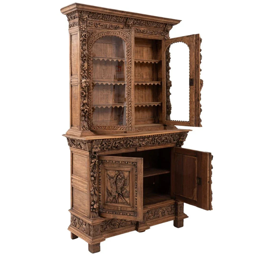 Belgian Hand-Carved Oak Display Hutch, Circa 1860