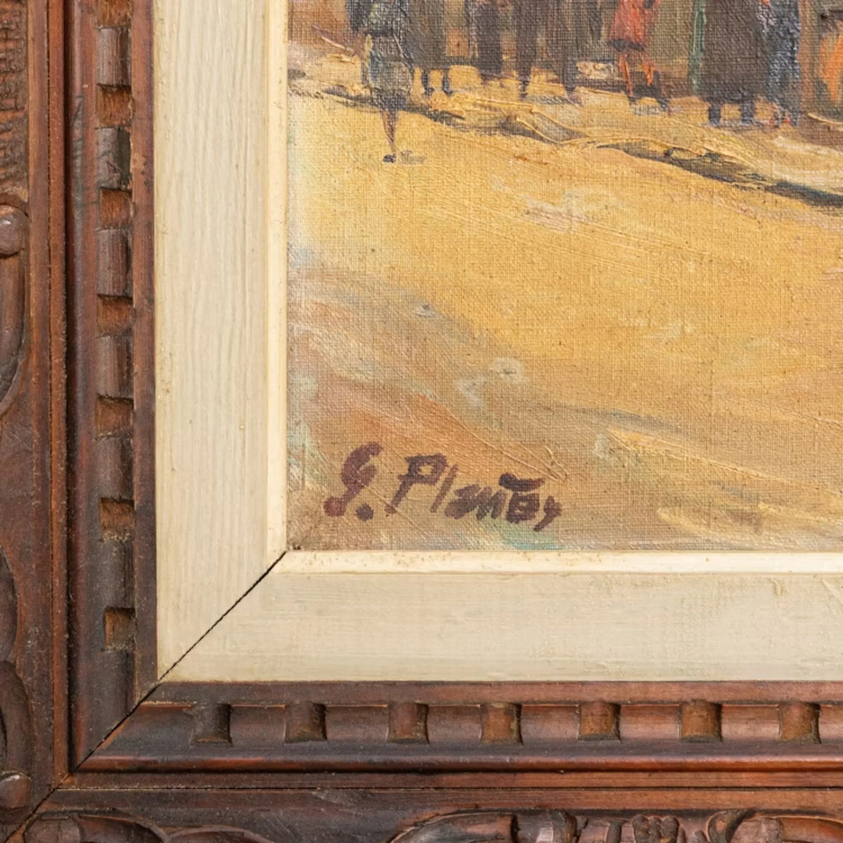Vintage European Clock Tower Street Framed Oil Painting, Circa 1950