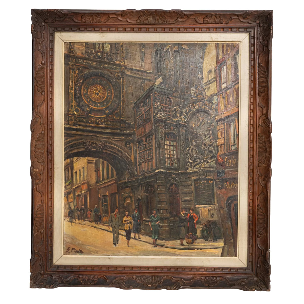 European antique oil painting of a city street in an ornate carved wooden frame.