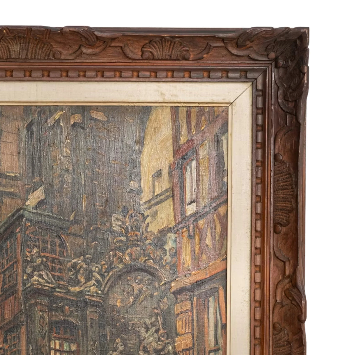 Vintage European Clock Tower Street Framed Oil Painting, Circa 1950