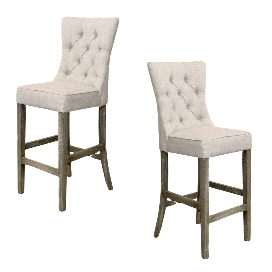 Ecru Linen Tufted Wood Bar Stool