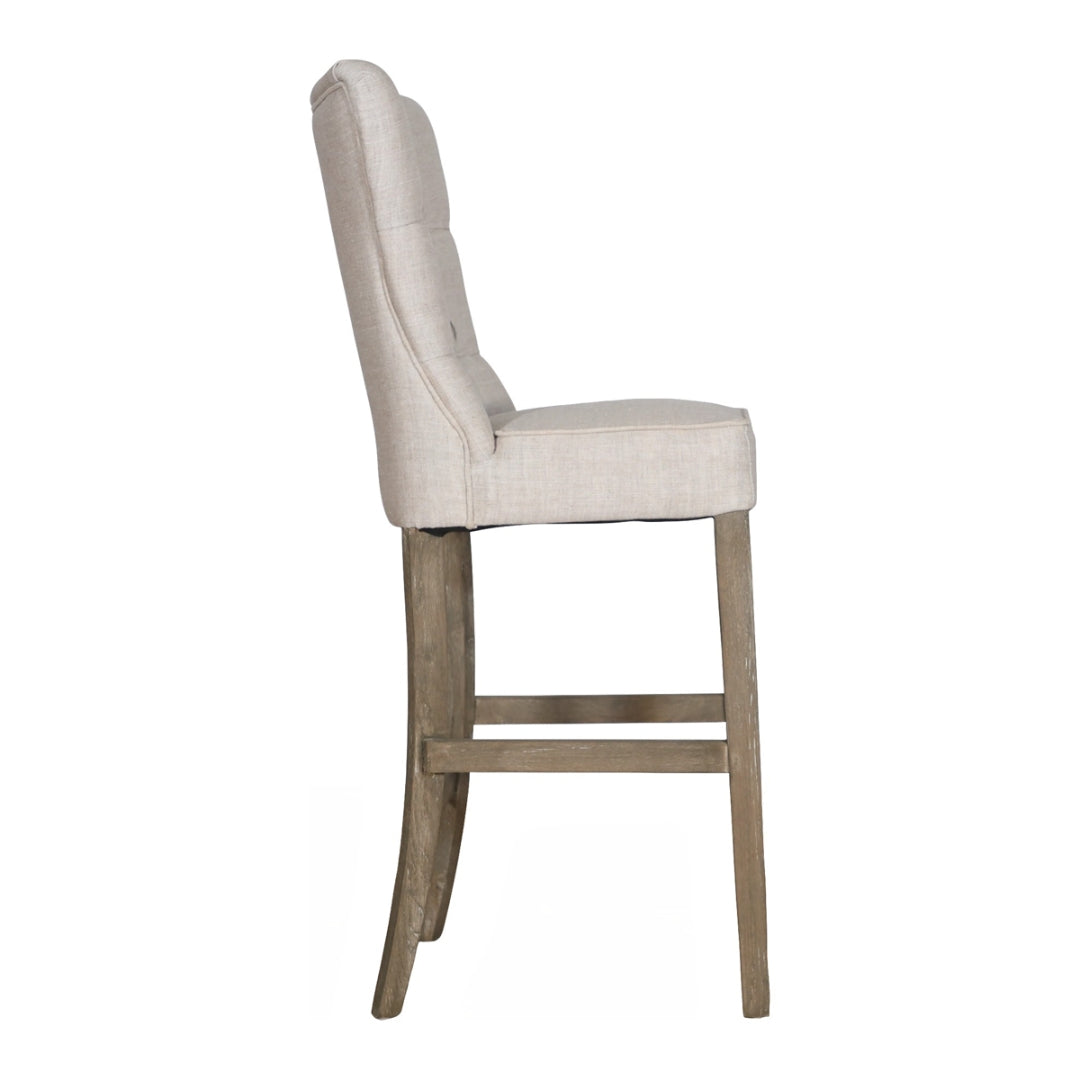 Ecru Linen Tufted Wood Bar Stool