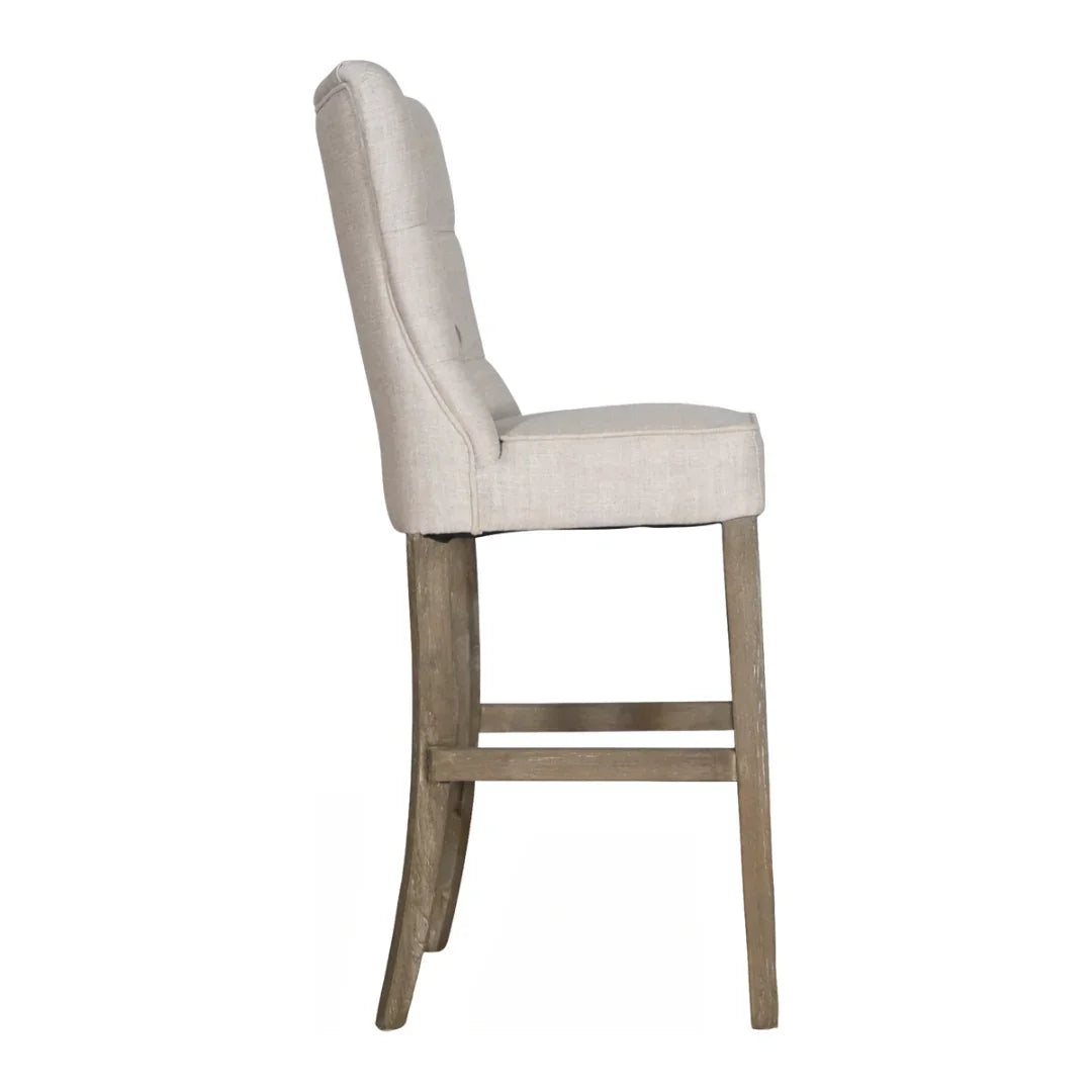 Ecru Linen Tufted Wood Bar Stool