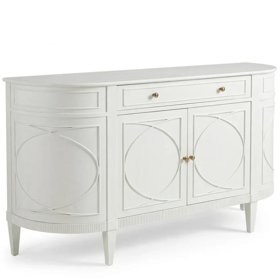 Elegant white French country sideboard with curved design, gold knobs, and circular panel details