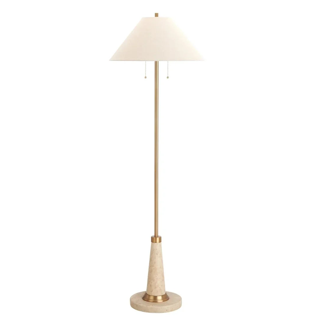 Brass floor lamp with cream shade and stone base, coastal farmhouse style lighting