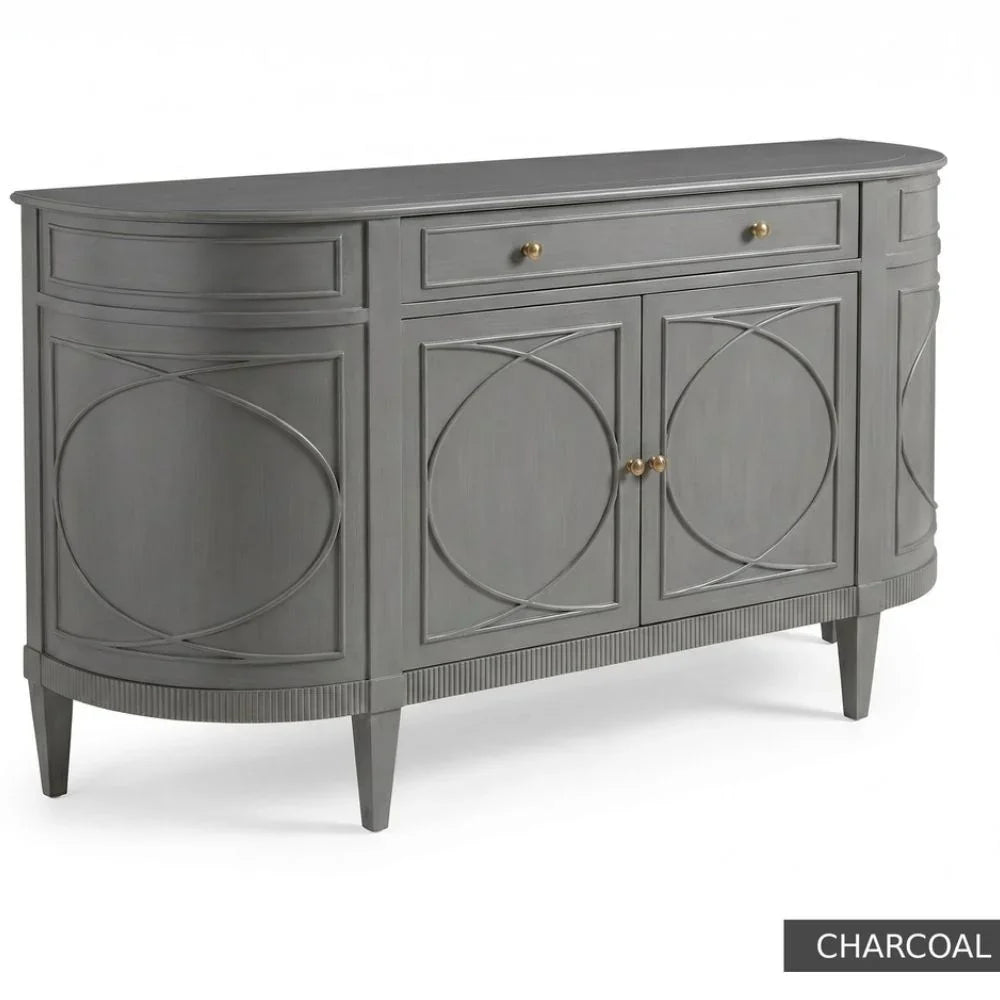 Charcoal gray French country sideboard with circular panel design and gold hardware