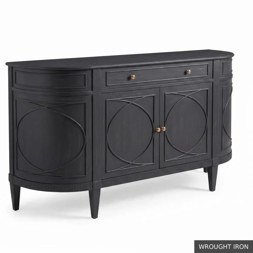 Black French country sideboard with gold knobs, circular panel design, and tapered legs
